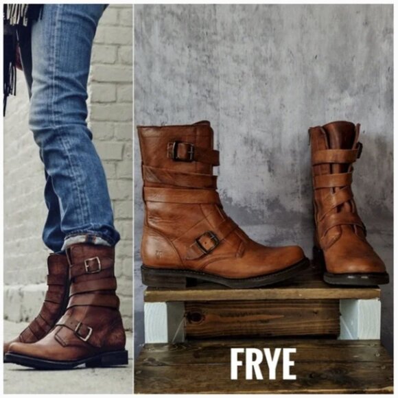 $389 Veronica Tanker Cognac Brown Real Leather Strappy Belted Moto Combat Boots - Picture 3 of 14